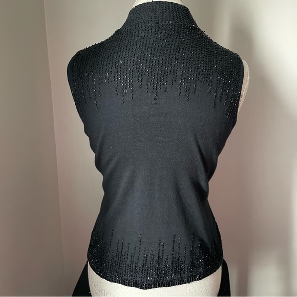 Angora rabbit cotton black beaded sleeveless mock neck sweater tank top - Picture 3 of 7